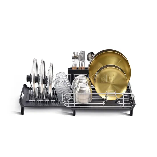 Expandable dish drying rack on white background